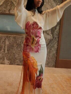 ASOS ARRANGE Maxi Dress Embroidered Floral 4 Long Sleeve White Pink Orange